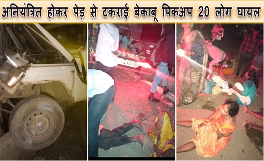 अनियंत्रित होकर पेड़ से टकराई बेकाबू पिकअप 20 लोग घायल