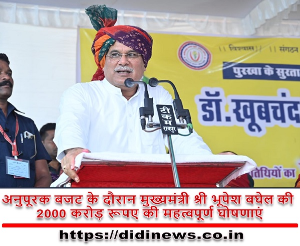 अनुपूरक बजट के दौरान मुख्यमंत्री श्री भूपेश बघेल की 2000 करोड़ रूपए की महत्वपूर्ण घोषणाएं