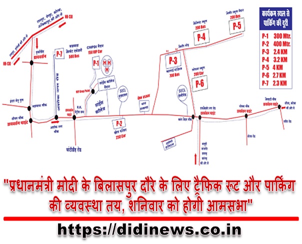 "प्रधानमंत्री मोदी के बिलासपुर दौरे के लिए ट्रैफिक रूट और पार्किंग की व्यवस्था तय, शनिवार को होगी आमसभा"