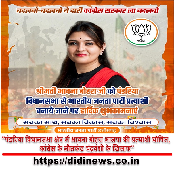 "पंडरिया विधानसभा क्षेत्र में भावना बोहरा भाजपा की प्रत्याशी घोषित, कांग्रेस के नीलकंठ चंद्रवंशी के खिलाफ"