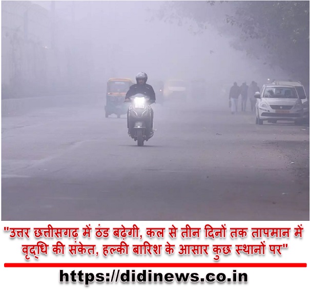 "उत्तर छत्तीसगढ़ में ठंड बढ़ेगी, कल से तीन दिनों तक तापमान में वृद्धि की संकेत, हल्की बारिश के आसार कुछ स्थानों पर"