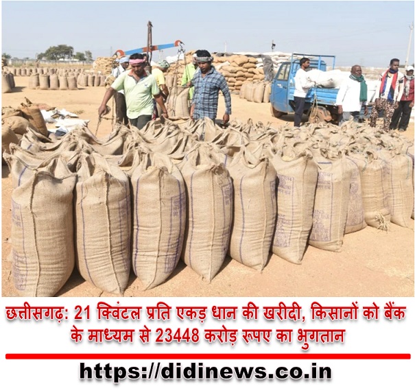 छत्तीसगढ़: 21 क्विंटल प्रति एकड़ धान की खरीदी, किसानों को बैंक के माध्यम से 23448 करोड़ रूपए का भुगतान