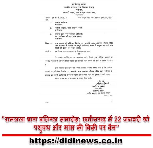 "रामलला प्राण प्रतिष्ठा समारोह: छत्तीसगढ़ में 22 जनवरी को पशुवध और मांस की बिक्री पर बैन"