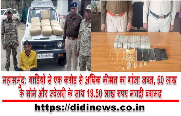 महासमुंद: गाड़ियों से एक करोड़ से अधिक कीमत का गांजा जब्त, 50 लाख के सोने और ज्वेलरी के साथ 19.50 लाख रुपए नगदी बरामद