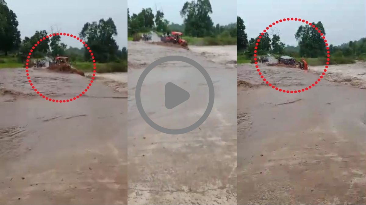 चेतावनी के बाद भी नहीं चेते, उफनते नाले में दौड़ दी ट्रैक्टर, डूबने पर कूदकर बचाई जान
