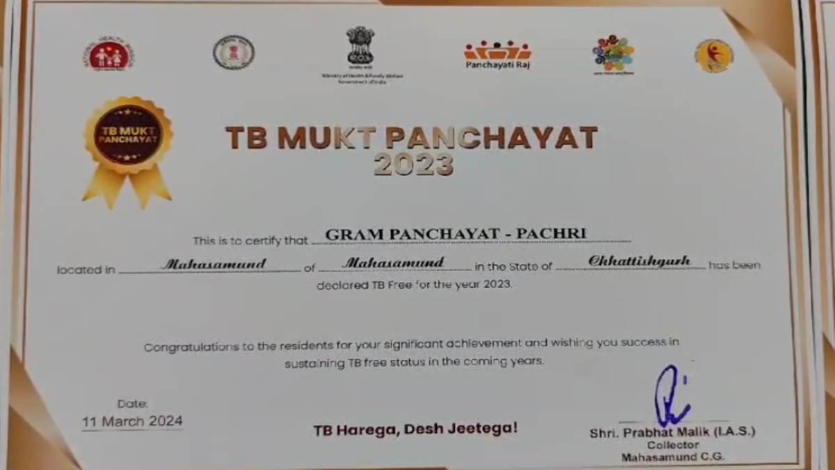 292 ग्राम पंचायतें टीबी मुक्त, भारत सरकार ने दिया प्रमाणपत्र