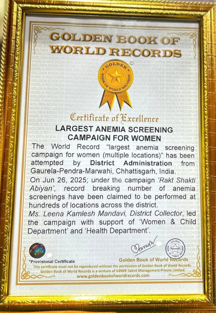 छत्तीसगढ़ का यह जिला गोल्डन बुक ऑफ वर्ल्ड रिकार्ड में हुआ शामिल