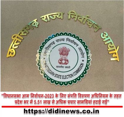 "विधानसभा आम निर्वाचन-2023 के लिए संपत्ति विरूपण अधिनियम के तहत प्रदेश भर में 5.51 लाख से अधिक प्रचार सामग्रियां हटाई गईं"