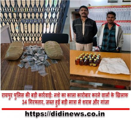 रायपुर पुलिस की बड़ी कार्रवाई: नशे का काला कारोबार करने वालों के खिलाफ 34 गिरफ्तार, जब्त हुईं बड़ी मात्रा में शराब और गांजा
