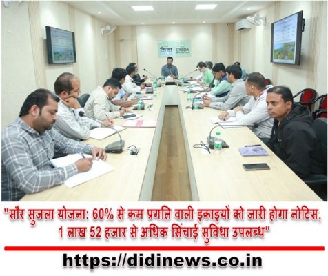 "सौर सुजला योजना: 60% से कम प्रगति वाली इकाइयों को जारी होगा नोटिस, 1 लाख 52 हजार से अधिक सिंचाई सुविधा उपलब्ध"