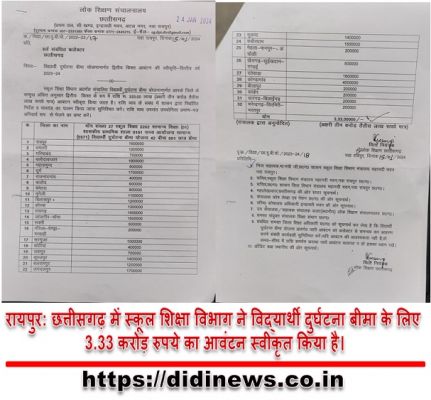 रायपुर: छत्तीसगढ़ में स्कूल शिक्षा विभाग ने विद्यार्थी दुर्घटना बीमा के लिए 3.33 करोड़ रुपये का आवंटन स्वीकृत किया है।