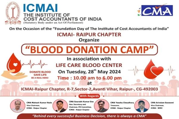 आईसीएमएआई-रायपुर चैप्टर का रक्तदान शिविर 28 को