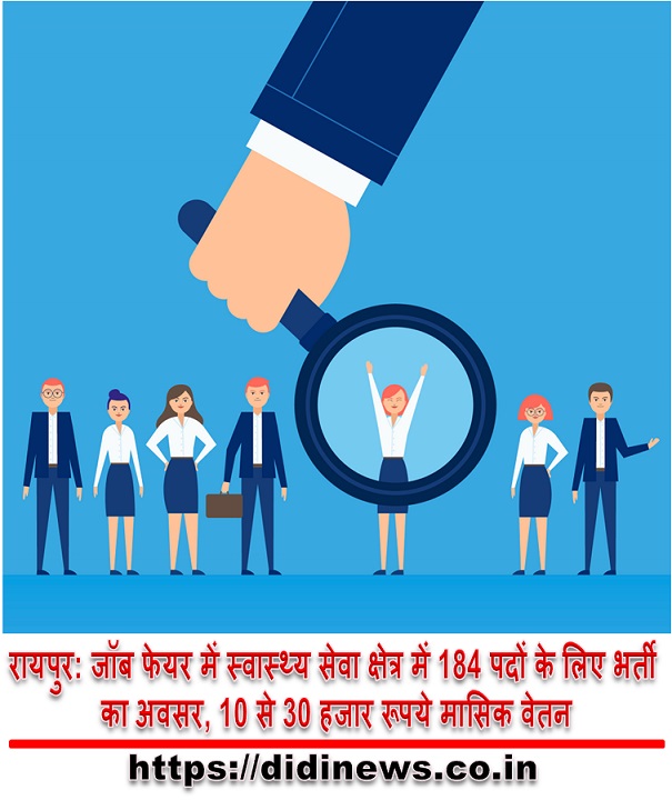 रायपुर: जॉब फेयर में स्वास्थ्य सेवा क्षेत्र में 184 पदों के लिए भर्ती का अवसर, 10 से 30 हजार रूपये मासिक वेतन